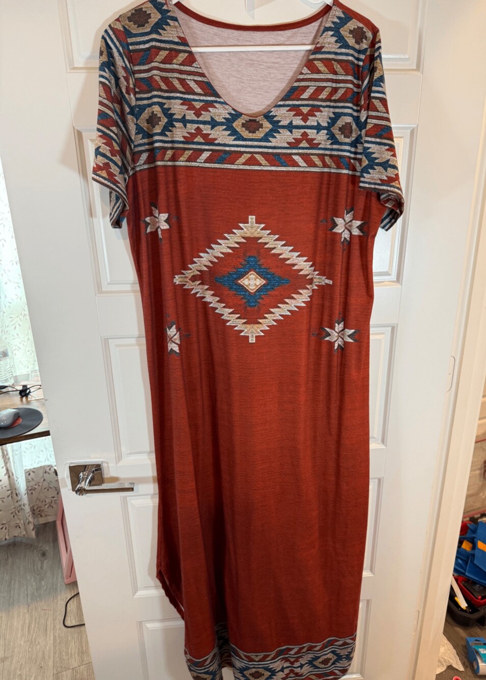 SHEIN XXL Rust Color Dress with Patterned Sleeves